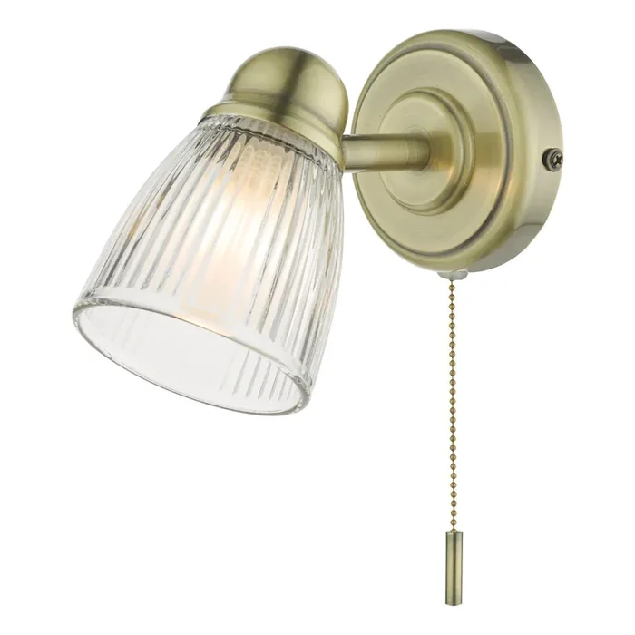 1 Light Bathroom switched wall light Antique Brass Clear Ribbed Glass IP44 (0183CED0775)