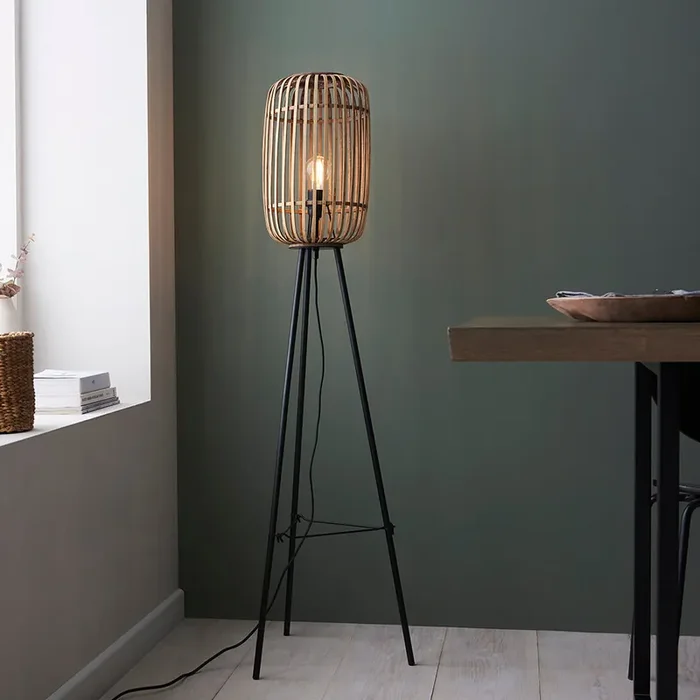 1 light Floor Lamp Bamboo Cage Design with Matt Black Finish (0711MAT101774)