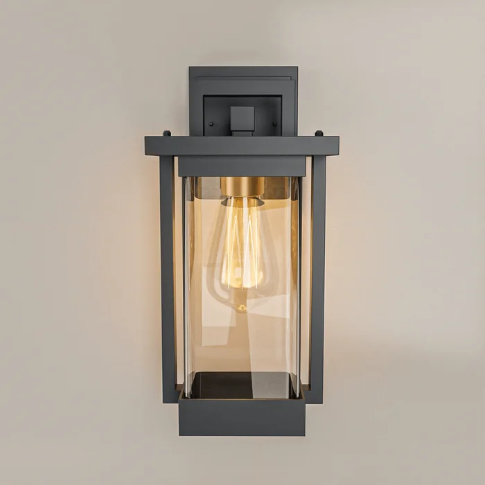 1-Light Outdoor Wall Sconce, Matte Black, Clear Seeded Glass Shade, Outdoor Lighting Modern, Front Porch Décor, E26 Bulb, Patio Decor – 7.87″L x 7.09″W x 15.08″H