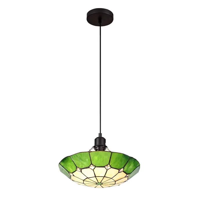 1 Light Pendant E27 with 35cm Tiffany Shade, Cream/Green Aged Antique Brass Trim (1230MAJK7)