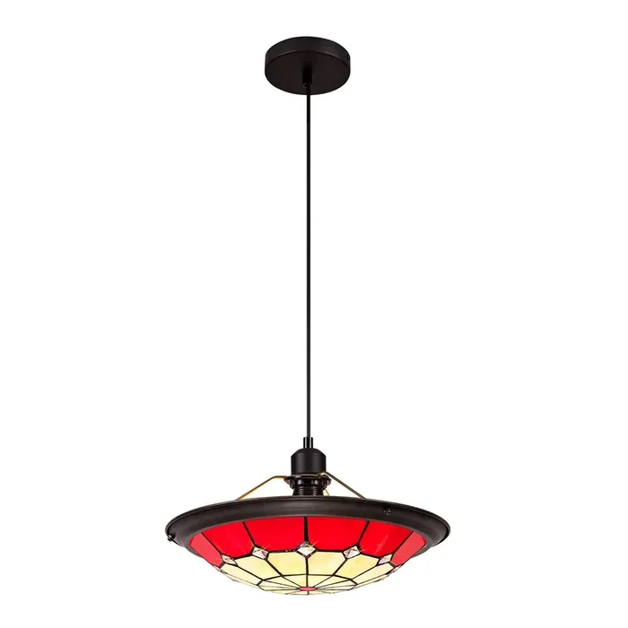 1 Light Pendant E27 with 35cm Tiffany Shade, Cream/Red Aged Antique Brass Trim (1230MAJK5)