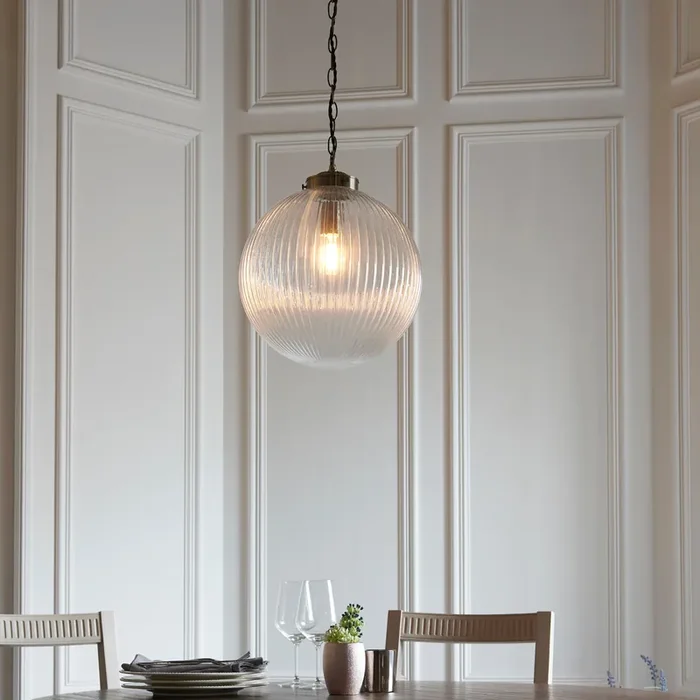 1 Light Pendant with Ribbed Round Glass in Antique Brass 350mm (0711BRY71124)