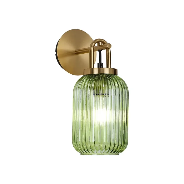 1 Light Wall Light Switched, E27, Brass Gold With 14cm Tubular Ribbed Glass, Green – Other Colours available (1230RUBLTK2266)