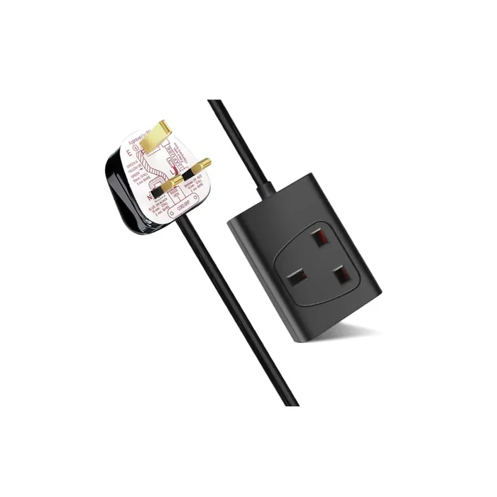 1 Way Single Socket UK Extension Lead, 13A 3-Pin Plug, 3 Metre Power Cable, Black Mains Cord