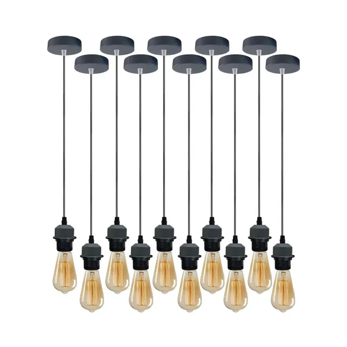 10 Pack Industrial Grey Pendant Light Fittings – With Bulbs