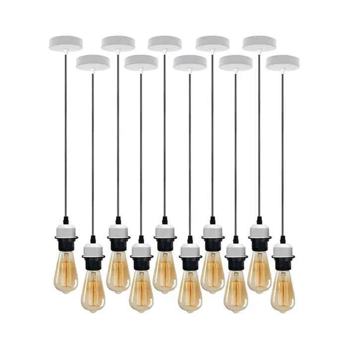 10 Pack Industrial White Pendant Light Fittings – With Bulbs