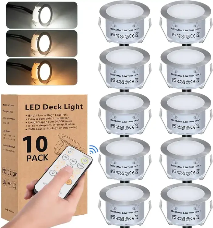 10 PCS LED Decking Lights with Remote Control – 0.8W Warm White Ø42MM, IP67 Waterproof, 12V Low Voltage for Garden, Patio, Terrace, Pathway & Wall Decor