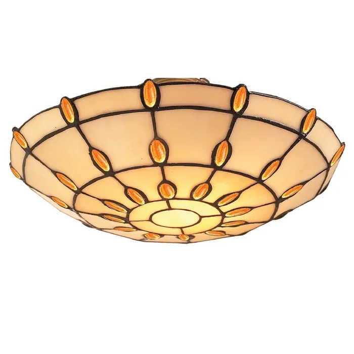12″ Beige & Amber Jewel Tiffany Glass Easy Fit Pendant Dome Up Light Shade 30cm