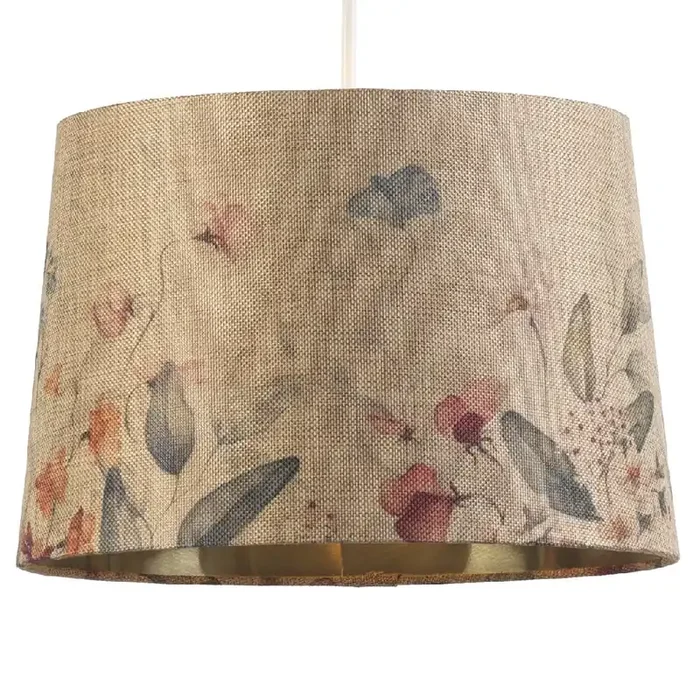 12″ Beige Linen Floral Design Gold Inner Vintage Easy Fit Tapered Drum Shade 30cm