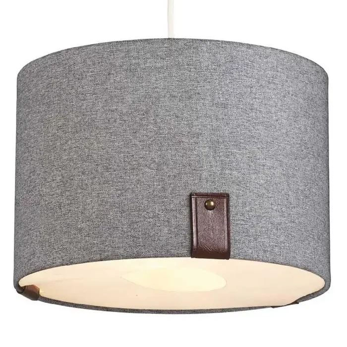 12″ Soft Grey Cotton & Leather Detail Vintage Easy Fit Drum Pendant Shade 30cm