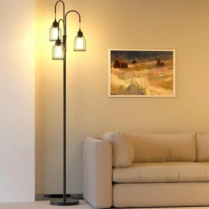 190cm Floor Lamp – Modern Black Dimmable Standing Tree Lamp with Wire Cage Shades, 3 E27 LED Bulbs Included for Living Room, Bedroom & Study