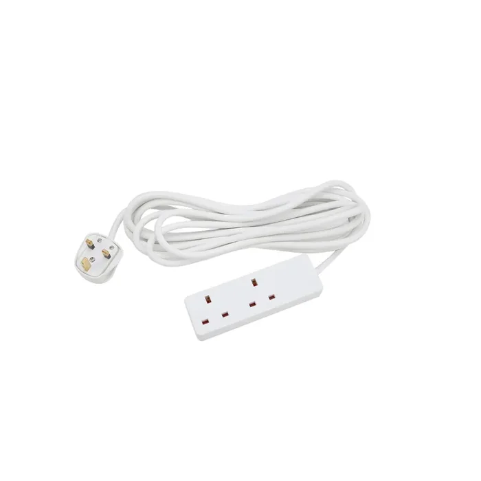 2 Gang UK Extension Lead 5 Metre Cable, Double Plug Socket Power Strip, White