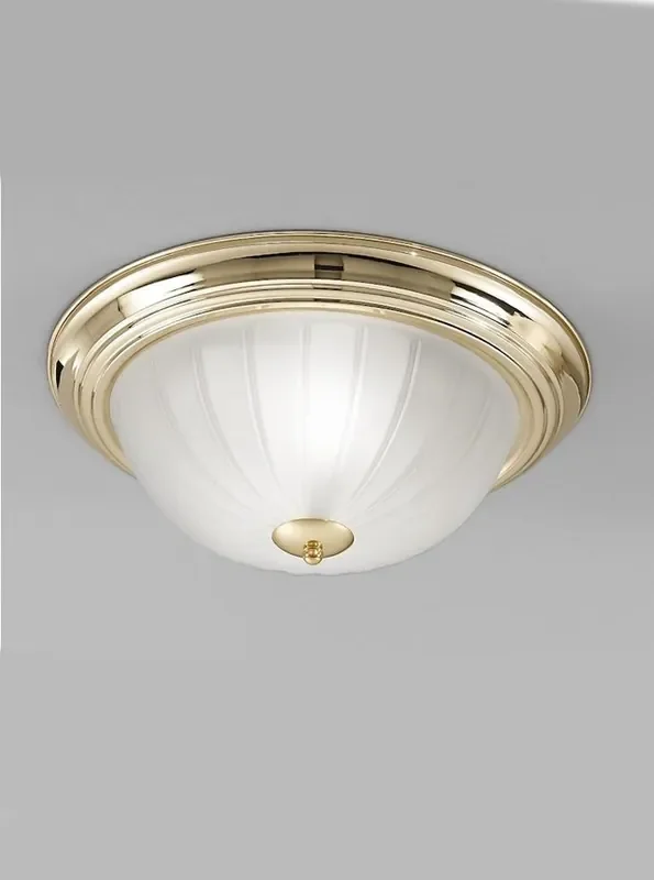 2 Light Brass Round with Ribbed Acid Glass Flush Ceiling Light