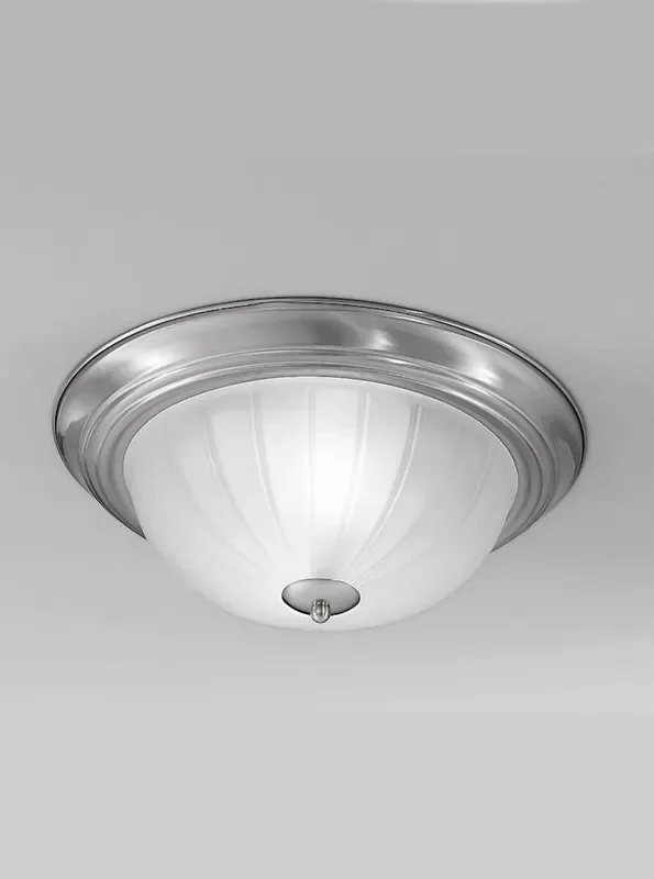 2 Light Satin Nickel Round with Ribbed Acid Glass Flush Ceiling Light