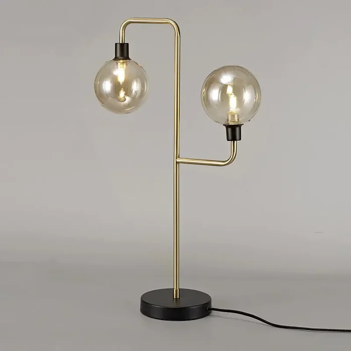 2 Light Table Lamp – Matt Black/Antique Brass/Cognac Glass (1230FAI29C)
