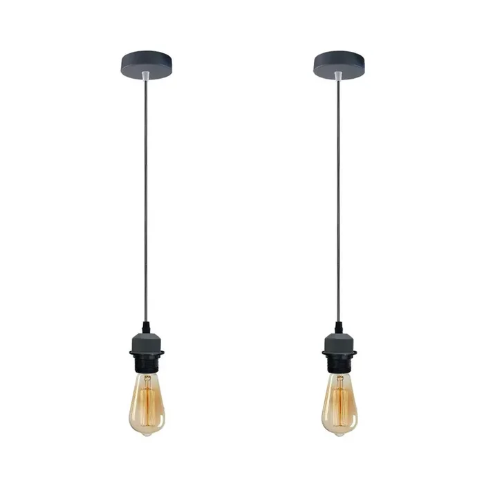 2 Pack Industrial Grey Pendant Light Fittings – With Bulbs