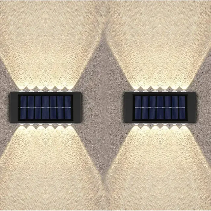 2 Pack Solar Wall Lights Outdoor – 12 LED Warm White, Waterproof Solar Fence Lights Up & Down Lamps for Garden, Yard, Pathway