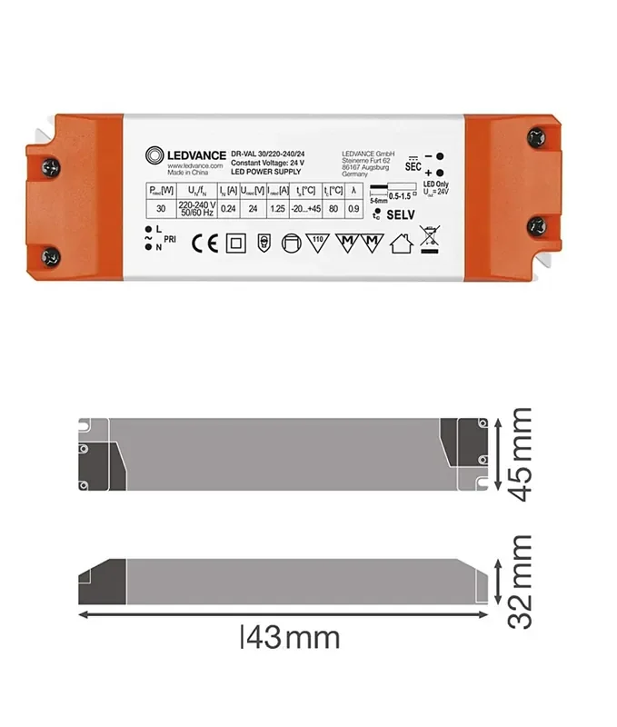 24V 30w LED Driver with Terminal Block – Non-Dimmable Osram Value Range