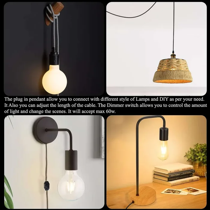 2M UK Plug-in Vintage E27 Dimmer Switch Fabric Pendant Light Holder