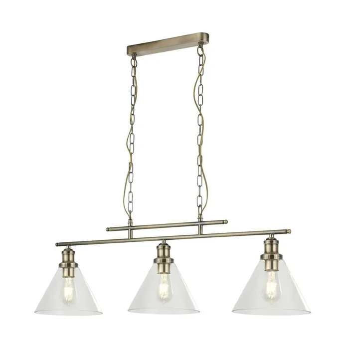 3 Light Bar Pendant – Antique Brass & Glass Shades (0483PYR12773AB)