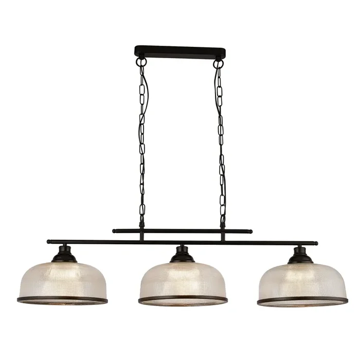 3 Light Bar Pendant – Black Metal & Holophane Glass (0483HIG3BK)