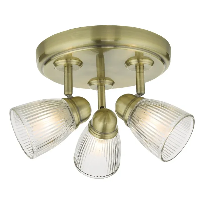 3 Light Bathroom Flush Antique Brass Clear Ribbed Glass IP44 (0183CED7675)