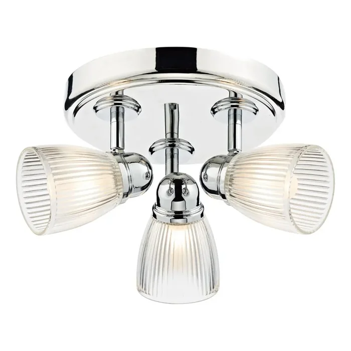 3 Light Bathroom Flush Polished Chrome Clear Ribbed Glass IP44 (0183CED7638)