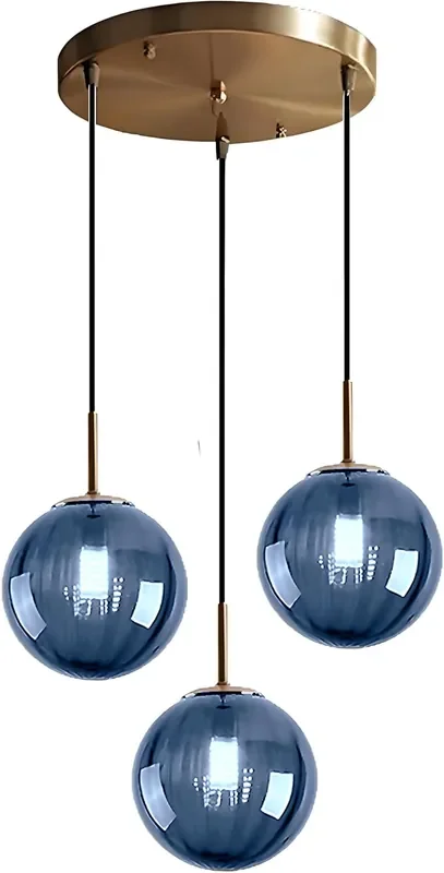 3-Light Blue Globe Pendant Ceiling Light Gold E14 Fitting with 15cm Striped Glass Shades & Adjustable Height for Dining & Kitchen