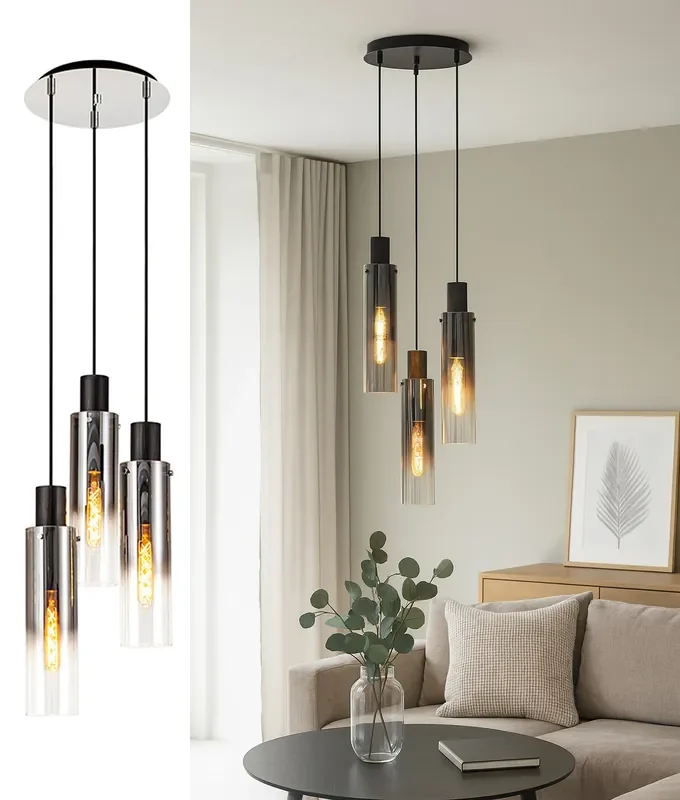 3 Light Cluster Pendant with Black-Smoke Fade Glass