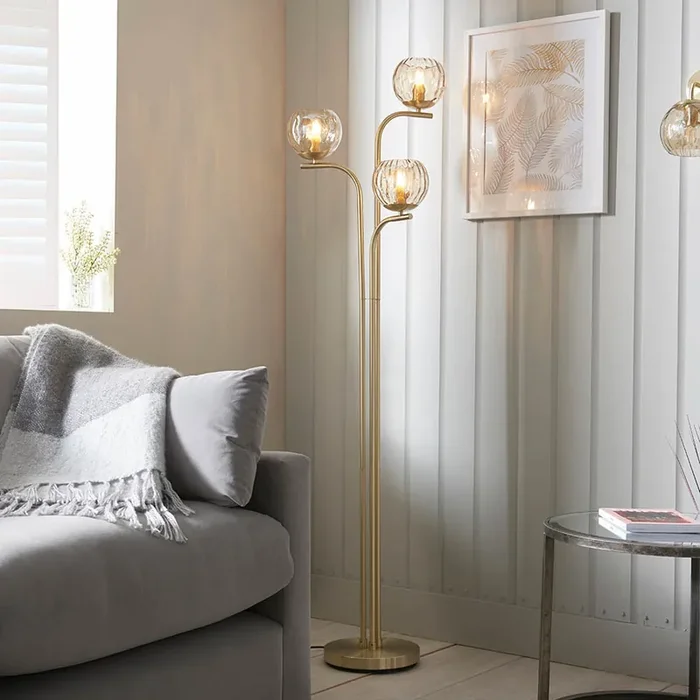 3 light Floor Lamp in Satin Brushed Gold with Champagne Glass (0711DIM91974)