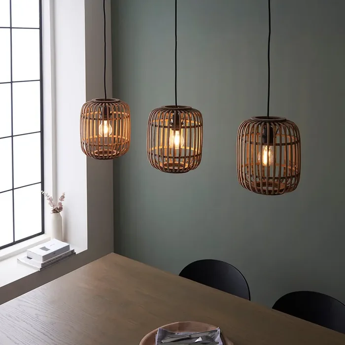 3 Light Linear Pendant Bamboo Cage Design with Matt Black Finish (0711MAT101775)