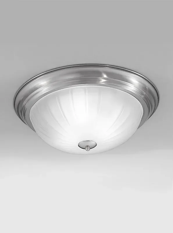 3 Light Satin Nickel Round with Ribbed Acid Glass Flush Ceiling Light