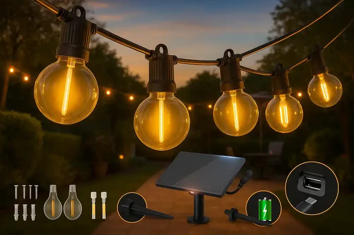30M Outdoor Solar Festoon lights with G40 Bulbs