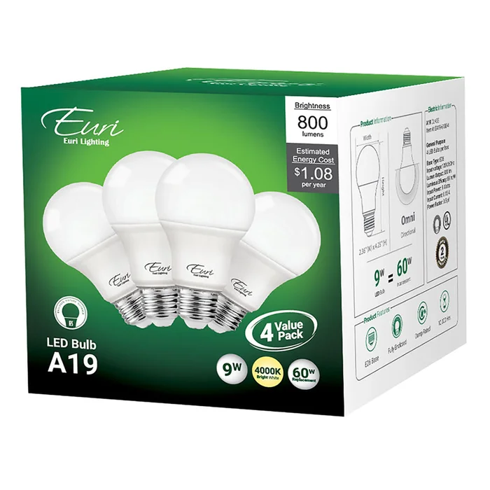 4-Pack LED A19 Bulbs – 9W – 800 Lumens – Euri Lighting