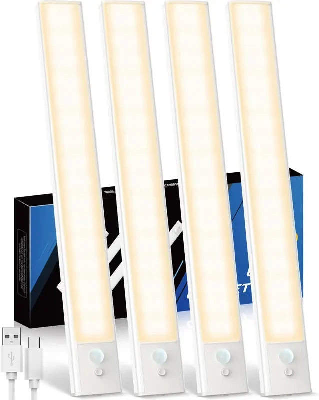 4 Pack Under Cabinet Kitchen Lights – 30CM Warm White Motion Sensor LED, Rechargeable USB-C, Adjustable Brightness