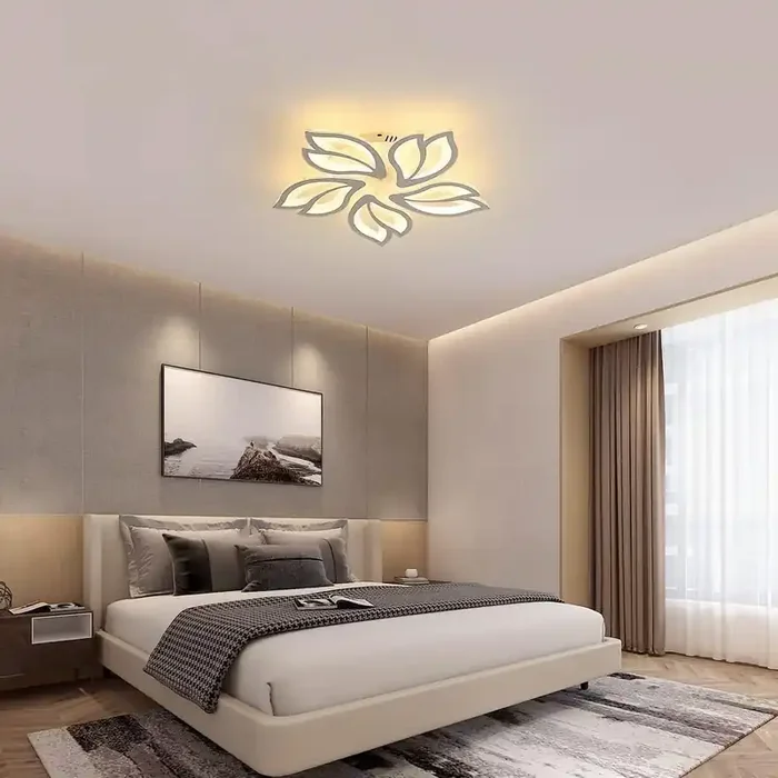 45W LED Flower Ceiling Light – 5-Leaf Modern Dimmable Chandelier with Remote Control, Colour Changing Fixture for Bedroom & Living Room
