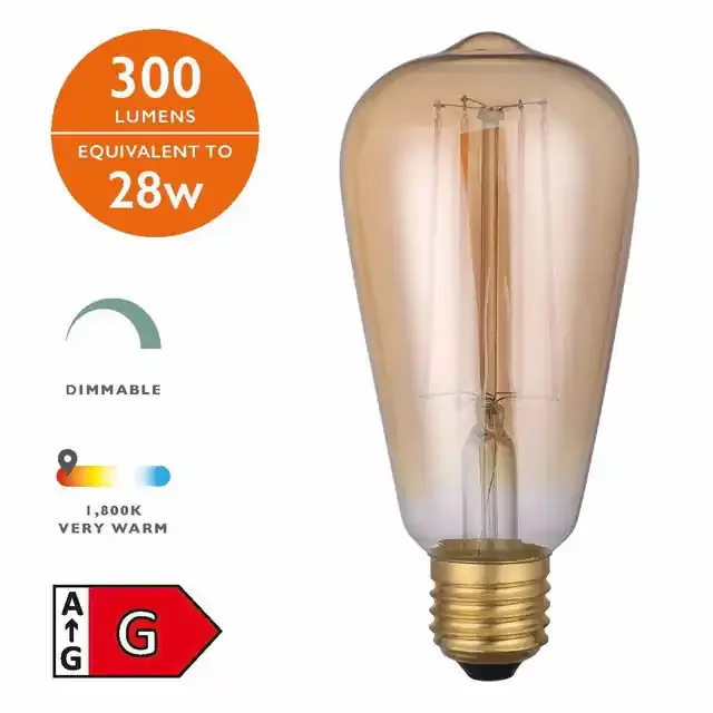 4w E27 1800k (Very Warm White) Rustic Dimmable LED Filament Bulb