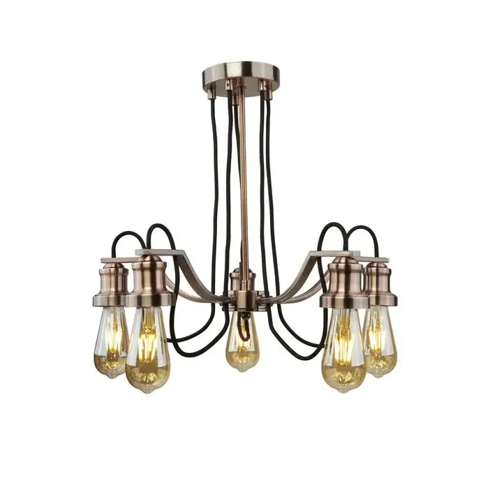 5 Light Chandelier Pendant – Antique Copper with Black Braided Cable (0483OLI10655CU)