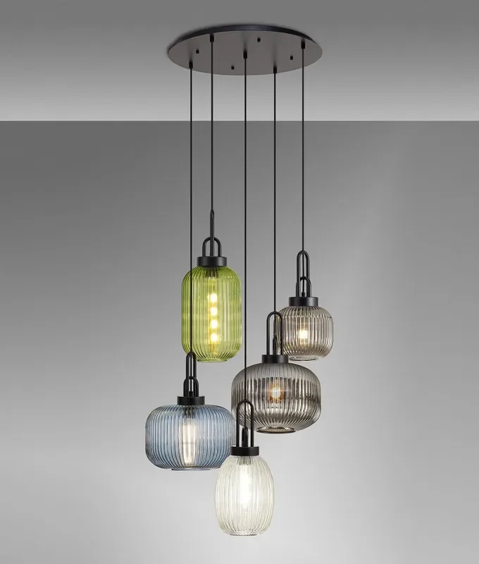 5 Light Cluster Pendant with Glass Shades – Matt Black Finish