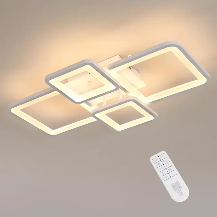 54W LED Ceiling Light – Modern 4-Square Acrylic Dimmable Fixture with Remote Control, 3000K-6500K for Bedroom, Kitchen & Living Room
