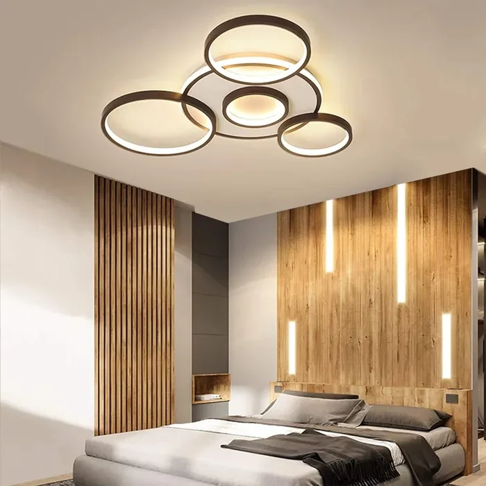 58W LED Ceiling Light – Dimmable 5-Ring Black Modern Fixture with Remote – (2700K–6500K