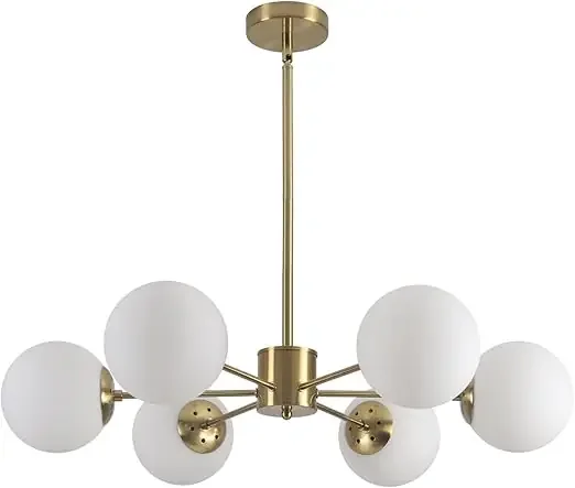 6-Light Globe Sputnik Chandelier with White Milk Glass Shades, Mid-Century Modern Gold Brass Pendant Light Fixture for Dining Room