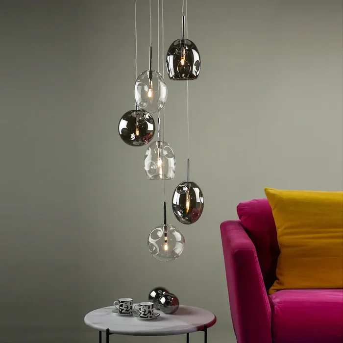 6 light Long Cluster Mouth Blown Smoked Grey Glass Pendant (0183QUI6410)