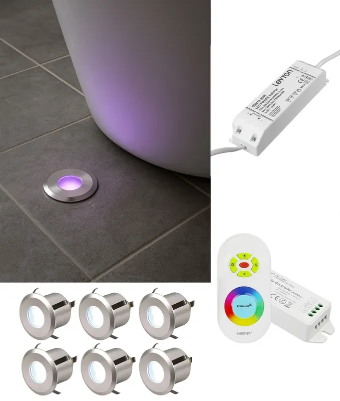 6-Pack RGB In-Ground Brushed Aluminium Lights with Driver & Remote – IP65 indoor or out