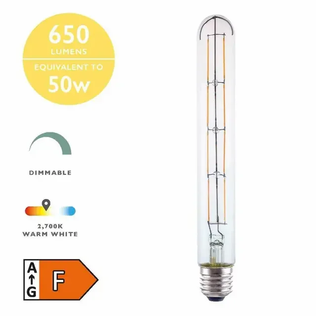 6W E27 2700K (Warm White) Dimmable LED Filament 22.5cm Tube Bulb