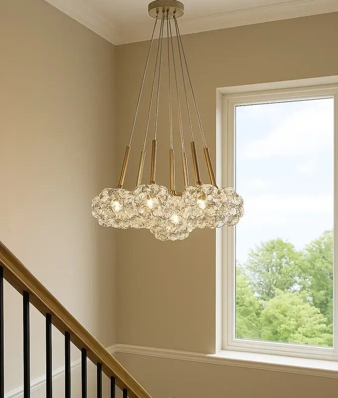 7 Light Cluster Pendant – French Gold with Crystal Shades