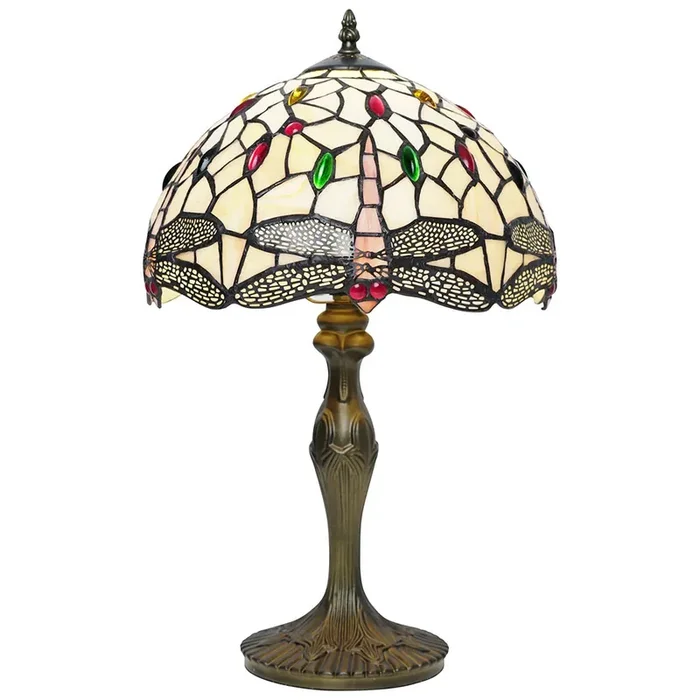 8″ Dragonfly & Jewel Multicolour Tiffany Glass Vintage Dome Table Lamp 35cm