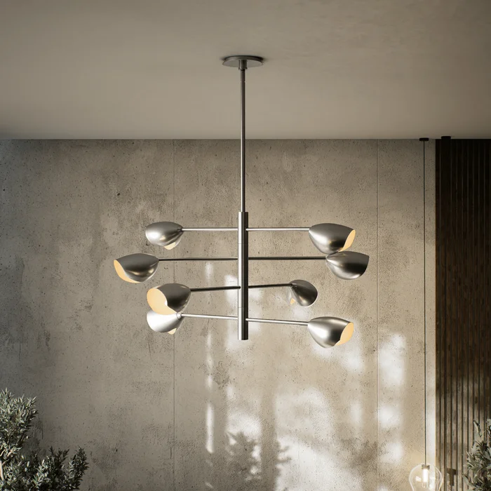 8-Light Chandelier Ceiling Light, Curved Disk Shades, Chrome Finish Hardware, 120V, Bulb Type B10, Socket type E12, Max wattage Per Socket 60W – 33.5”D x 18.5“H