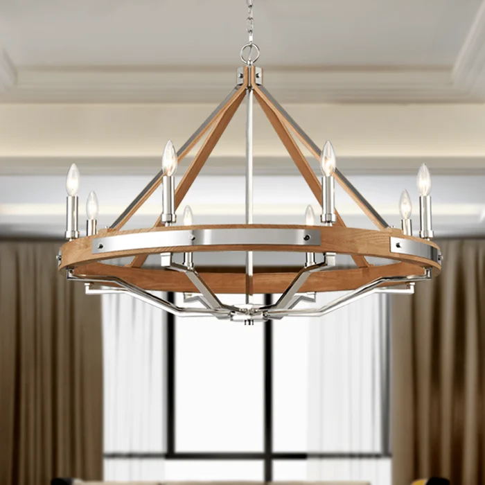 8-Light Farmhouse Chandelier, E12 Base, Polished Nickel Finish Hardware with Nature Solid Ashwood – 34“D x 26”H