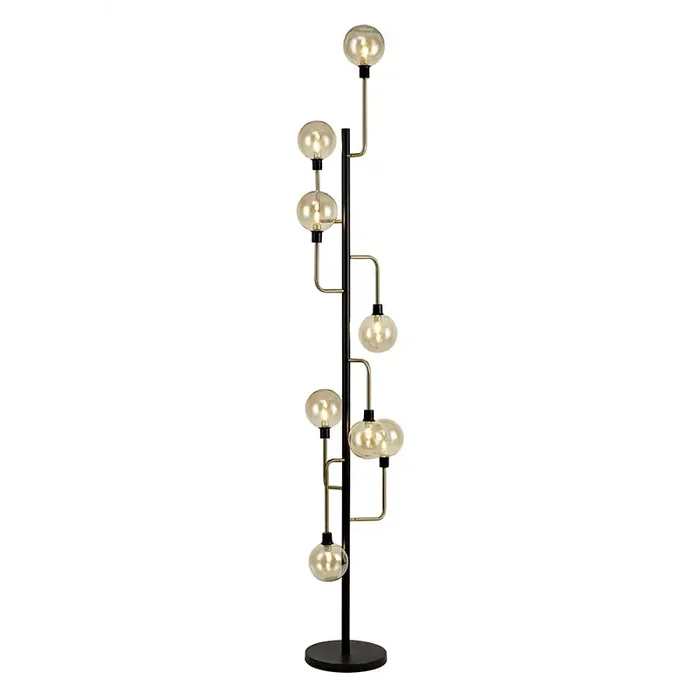 8 Light Floor Lamp – Matt Black/Antique Brass/Cognac Glass (1230FAI29B)